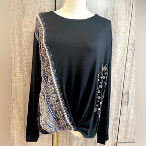 DESIGUAL Black Longsleeve Designer Top with Mandala Print. Size M
